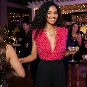 Hot Pink Ruffle Tulle Deep V Bodysuit - NWT